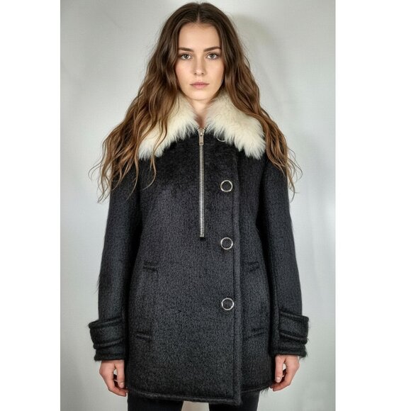 Alexander Wang Womens Black Lamb Shearling Fur Wool Blend Coat, Womens Size 4 - Picture 1 of 11